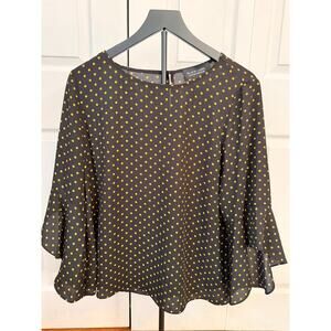 Evan Picone Blouse Black with Gold Polka Dots - Size Large